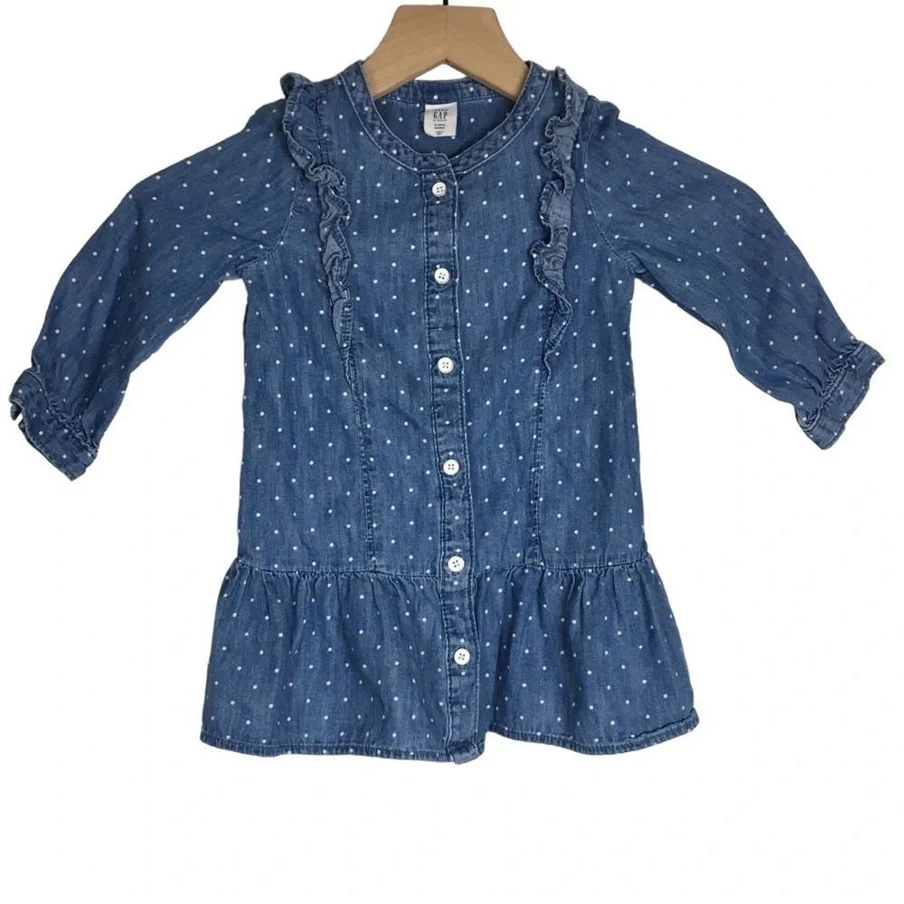 GAP Baby Polka Dot Chambray Dress Ruffle Long Sleeve Button Front Denim Size 2T